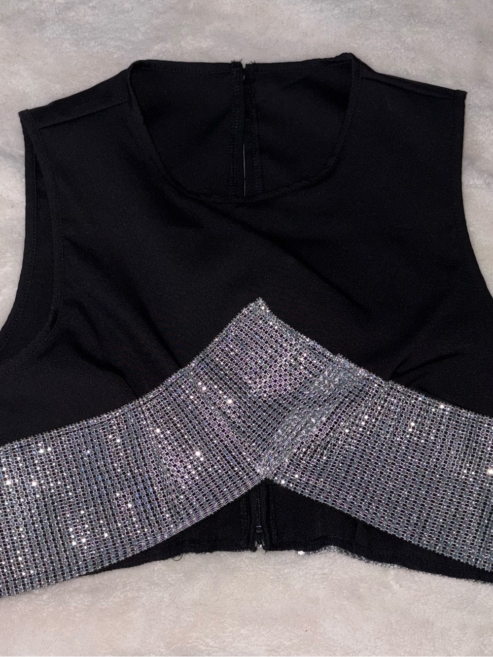 Black Sleeveless Crop Top with Silver Rhinestone Band